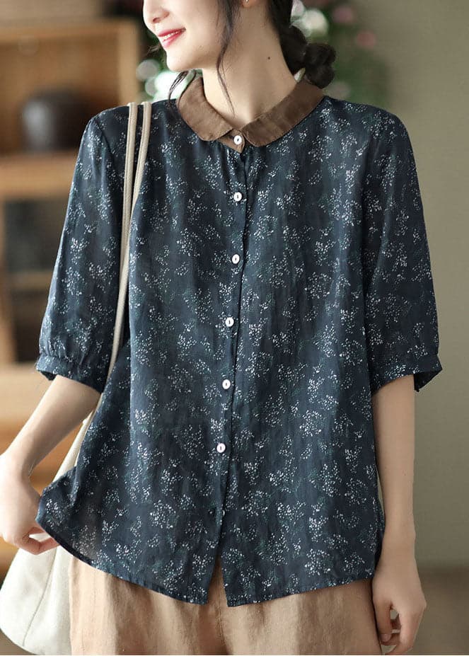 Plus Size Navy Peter Pan Collar Print Linen Shirts Half Sleeve gk-HTP220503