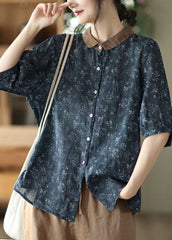 Plus Size Navy Peter Pan Collar Print Linen Shirts Half Sleeve gk-HTP220503