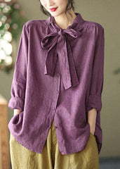 Plus Size Purple Stand Collar Bow Button Linen Shirt Long sleeve GK-LTP220328