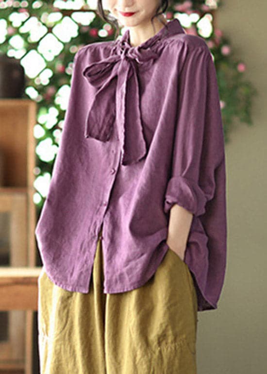 Plus Size Purple Stand Collar Bow Button Linen Shirt Long sleeve GK-LTP220328