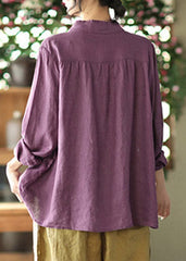 Plus Size Purple Stand Collar Bow Button Linen Shirt Long sleeve GK-LTP220328