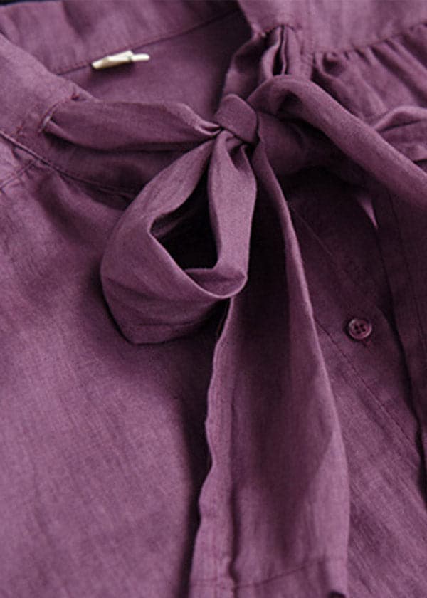 Plus Size Purple Stand Collar Bow Button Linen Shirt Long sleeve GK-LTP220328