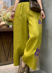 Plus Size Yellow Embroideried Linen Wide Leg Pants Summer GK-LPTS220328