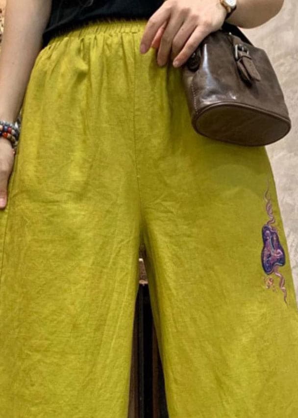 Plus Size Yellow Embroideried Linen Wide Leg Pants Summer GK-LPTS220328