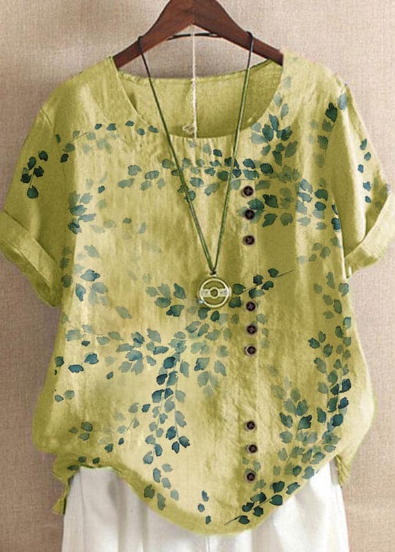 Plus Size Yellow O-Neck Embroideried Floral Linen Tops Short Sleeve gk-STP220722