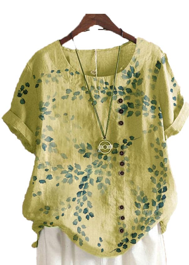 Plus Size Yellow O-Neck Embroideried Floral Linen Tops Short Sleeve gk-STP220722