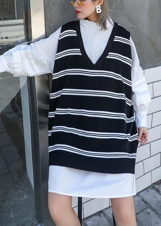 Pullover black striped knit blouse v neck sleeveless knit tops AT-NTP191023