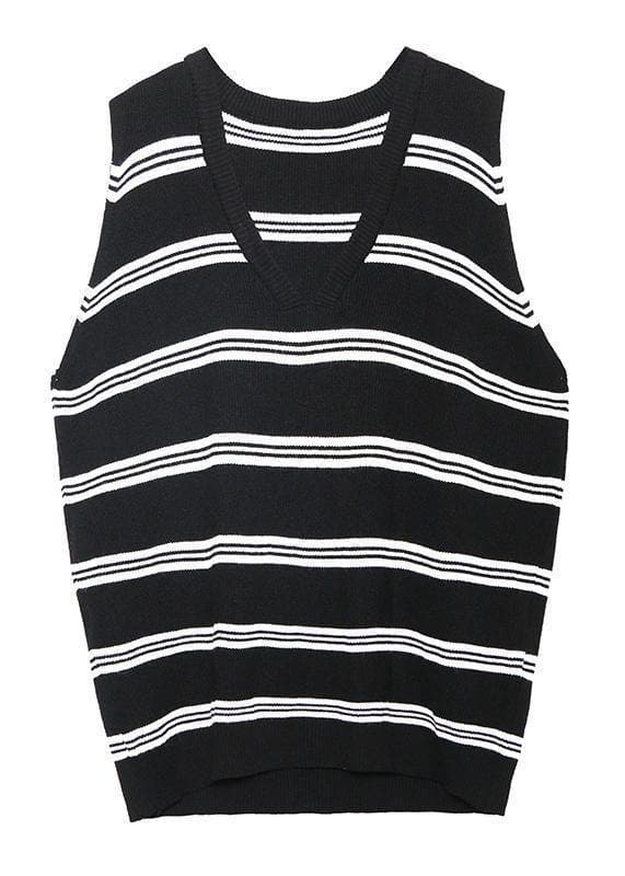 Pullover black striped knit blouse v neck sleeveless knit tops AT-NTP191023