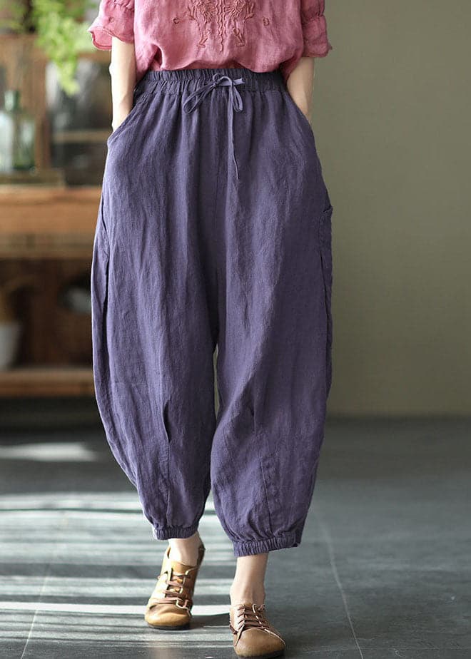 Purple Solid Linen Beam Pants Elastic Waist Wrinkled Summer GK-CPTS220523