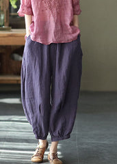 Purple Solid Linen Beam Pants Elastic Waist Wrinkled Summer GK-CPTS220523