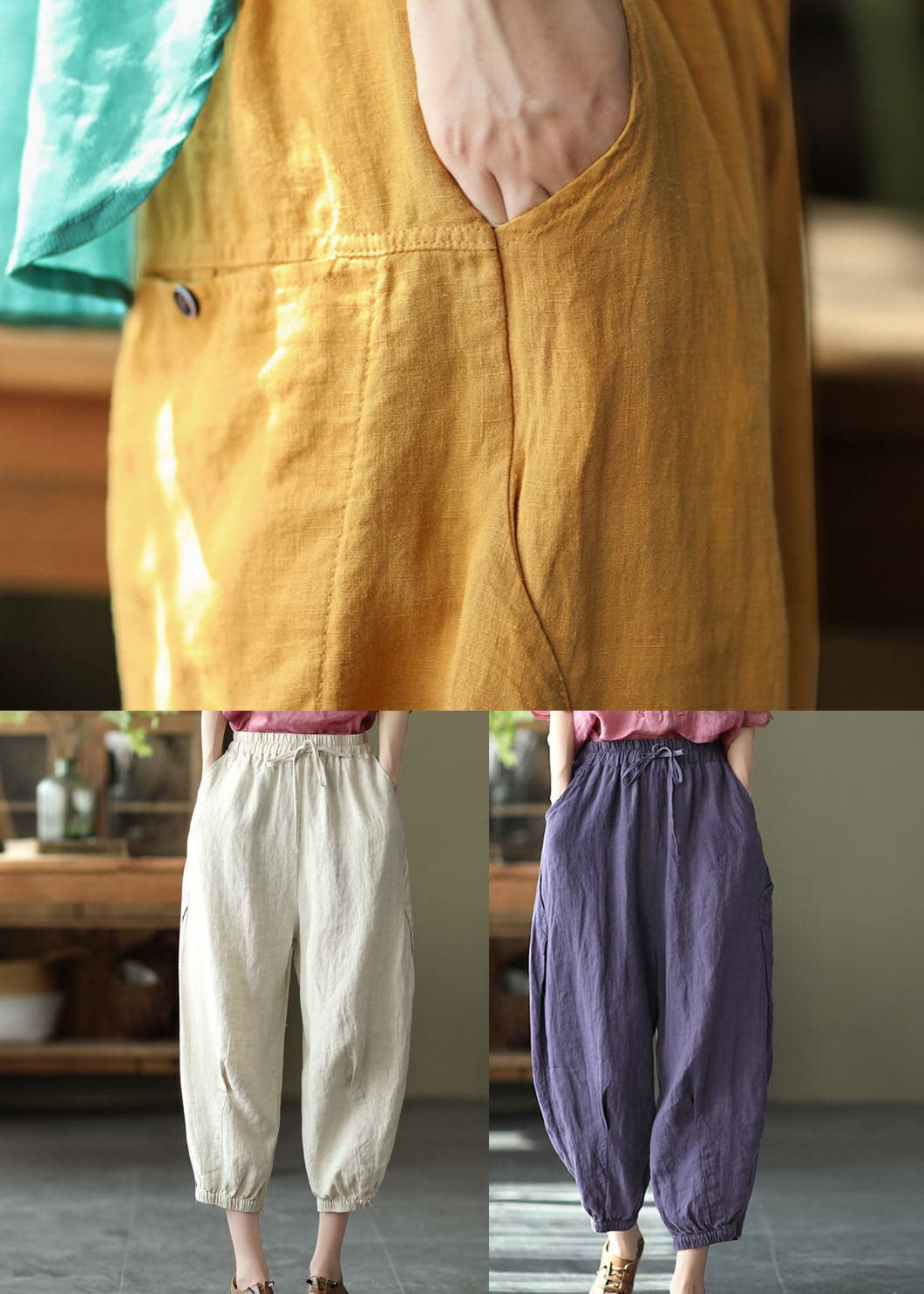 Purple Solid Linen Beam Pants Elastic Waist Wrinkled Summer GK-CPTS220523