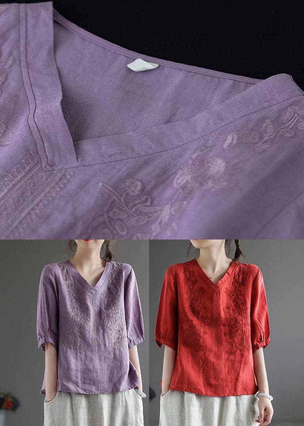 Purple V Neck Floral Embroideried T Shirt Half Sleeve GK-HTP220419