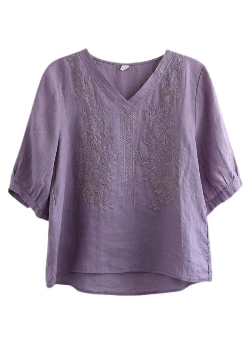 Purple V Neck Floral Embroideried T Shirt Half Sleeve GK-HTP220419