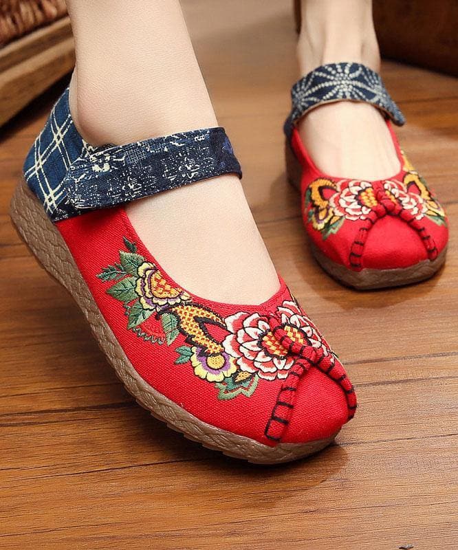 Red Cotton Embroideried Fabric Flat Shoes For Women Splicing Flats PDX210706