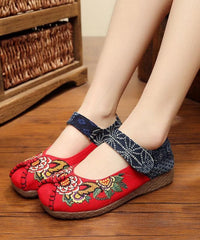 Red Cotton Embroideried Fabric Flat Shoes For Women Splicing Flats PDX210706