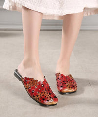 Red Cowhide Floral Leather Hollow Out Slide Sandals XZ-LT210622