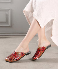 Red Cowhide Floral Leather Hollow Out Slide Sandals XZ-LT210622