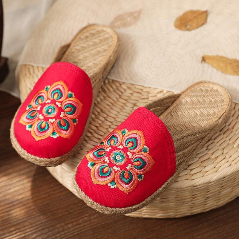 Red Embroideried Cotton Linen Fabric Slippers Shoes LT210630