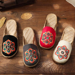 Red Embroideried Cotton Linen Fabric Slippers Shoes LT210630