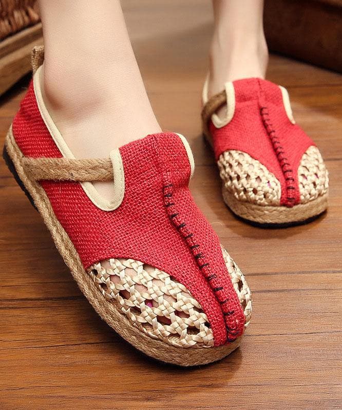 Red Flat Feet Shoes Linen Fabric Casual Hollow Out Flats PDX210630