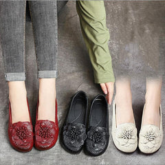 Red Floral Cowhide Leather Flat Shoes For Women  Flat XZ-PDX210728