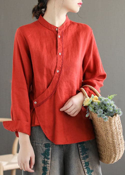 Red Patchwork Linen Chinese Style Tops Stand Collar Long Sleeve GK-LTP220815