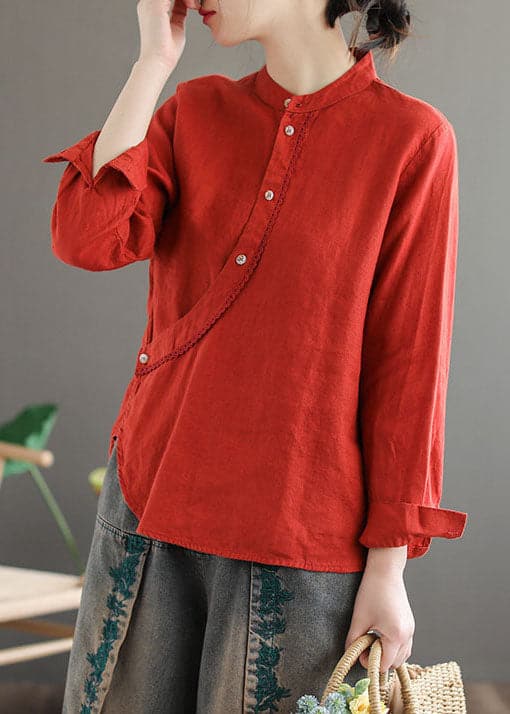 Red Patchwork Linen Chinese Style Tops Stand Collar Long Sleeve GK-LTP220815