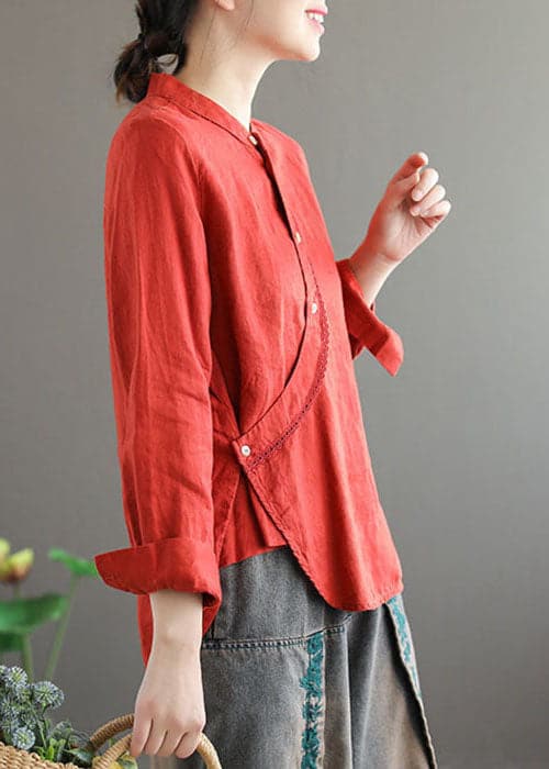 Red Patchwork Linen Chinese Style Tops Stand Collar Long Sleeve GK-LTP220815