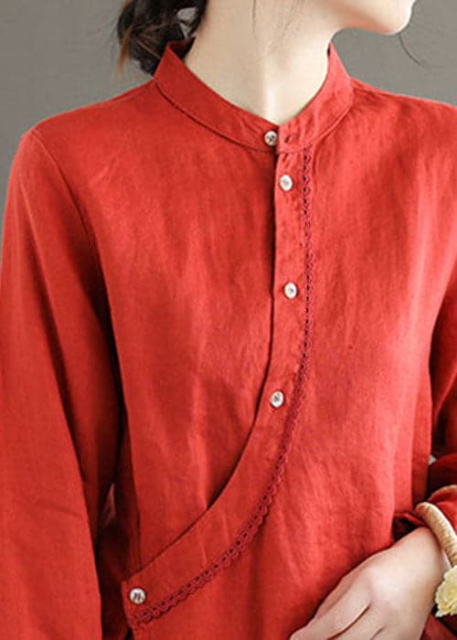 Red Patchwork Linen Chinese Style Tops Stand Collar Long Sleeve GK-LTP220815