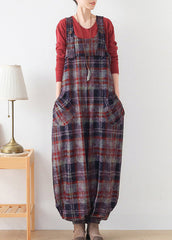 Red Plaid Pockets Woolen Jumpsuit Pants Fall dylinoshop