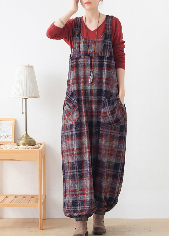 Red Plaid Pockets Woolen Jumpsuit Pants Fall dylinoshop