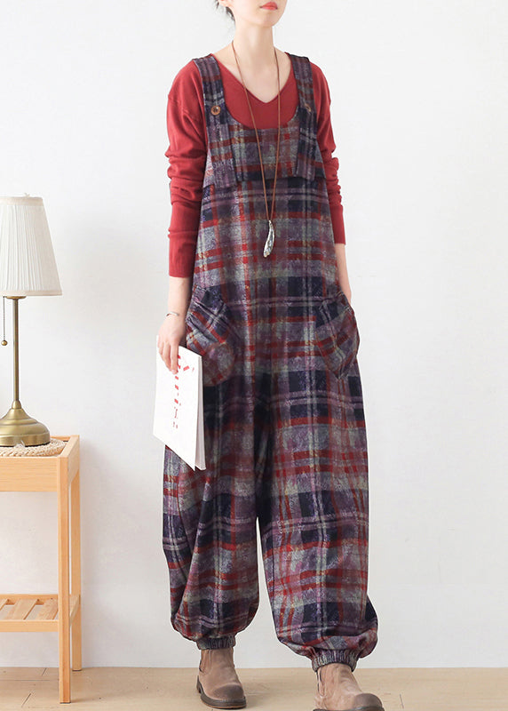 Red Plaid Pockets Woolen Jumpsuit Pants Fall dylinoshop