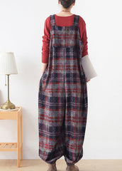 Red Plaid Pockets Woolen Jumpsuit Pants Fall dylinoshop