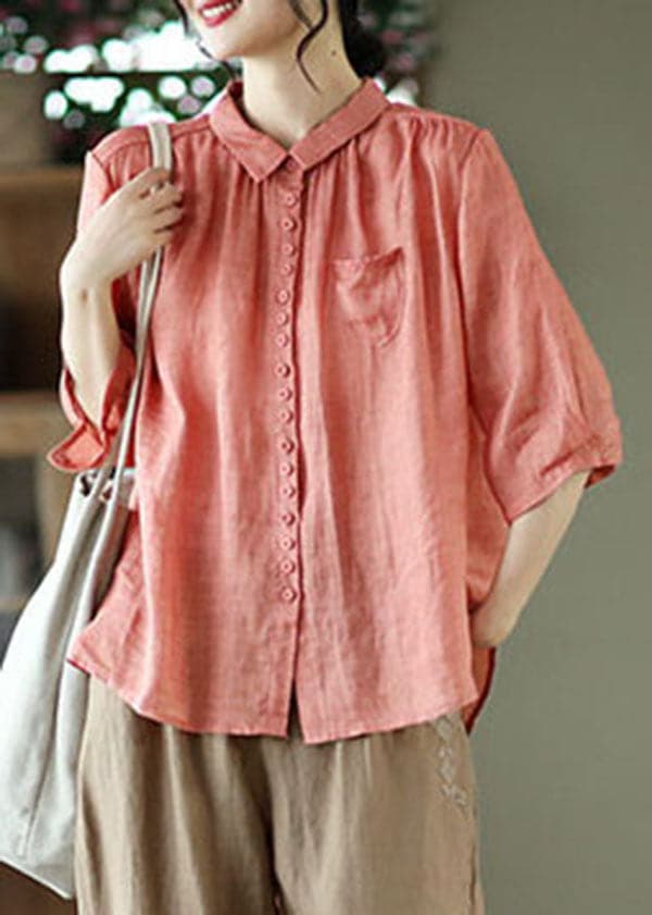 Red Pockets Linen Top Button Peter Pan Collar Half Sleeve gk-HTP220503