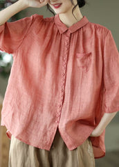 Red Pockets Linen Top Button Peter Pan Collar Half Sleeve gk-HTP220503