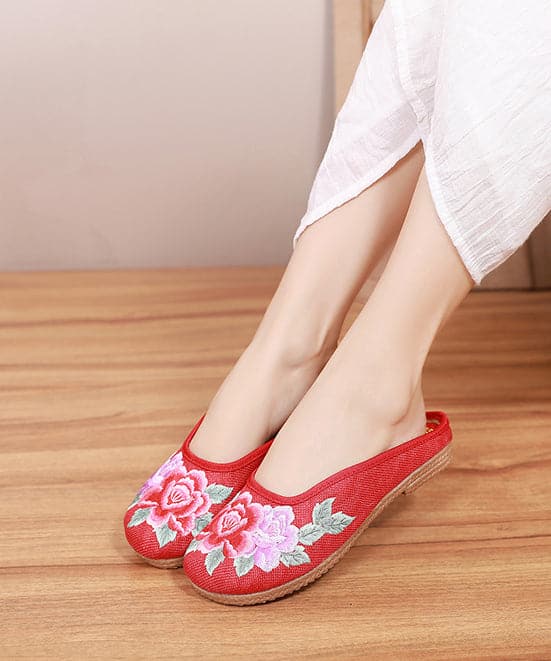 Red Slide Sandals Floral Embroideried Linen Fabric Slides For Women BX-LT220407