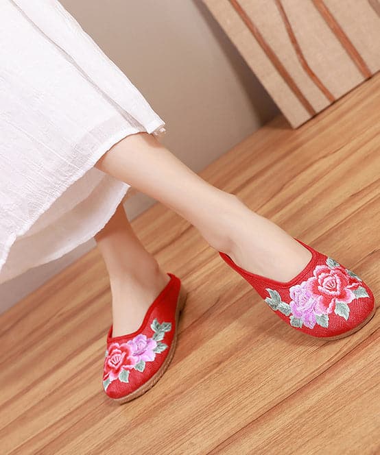 Red Slide Sandals Floral Embroideried Linen Fabric Slides For Women BX-LT220407