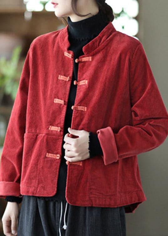 Red Stand Collar Button Pockets Patchwork Fall Corduroy Coats GK-CTS211015