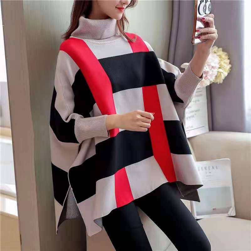 Women Striped Knit Blouse O Neck Batwing Sleeve Loose-fitting Knitted Blouse AT-NTP191231