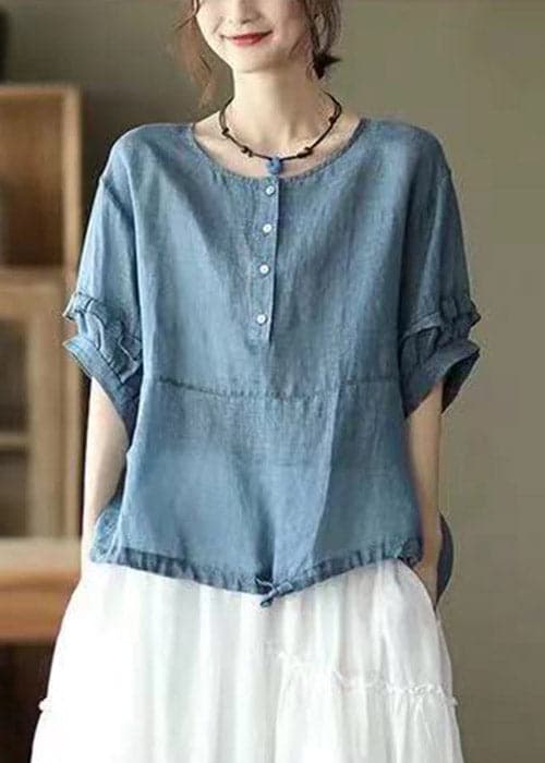 Retro Blue O-Neck Ruffled Button Drawstring Top Half Sleeve GK-HTP220328