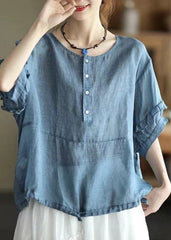 Retro Blue O-Neck Ruffled Button Drawstring Top Half Sleeve GK-HTP220328