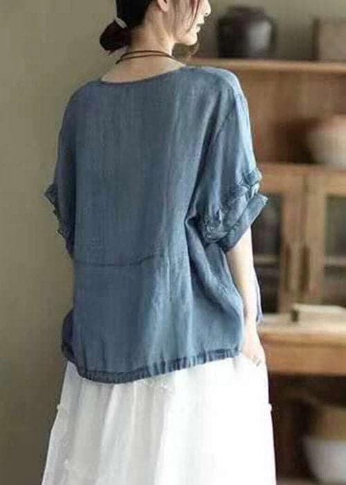 Retro Blue O-Neck Ruffled Button Drawstring Top Half Sleeve GK-HTP220328