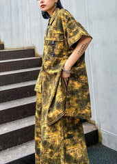 Retro big yards female fashion yellow shirt printing wide leg pants two pieces AT-SDL200812