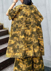 Retro big yards female fashion yellow shirt printing wide leg pants two pieces AT-SDL200812