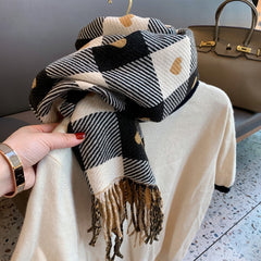 Women Cashmere Knitted Heart-pattern Plaid Scarf dylinoshop