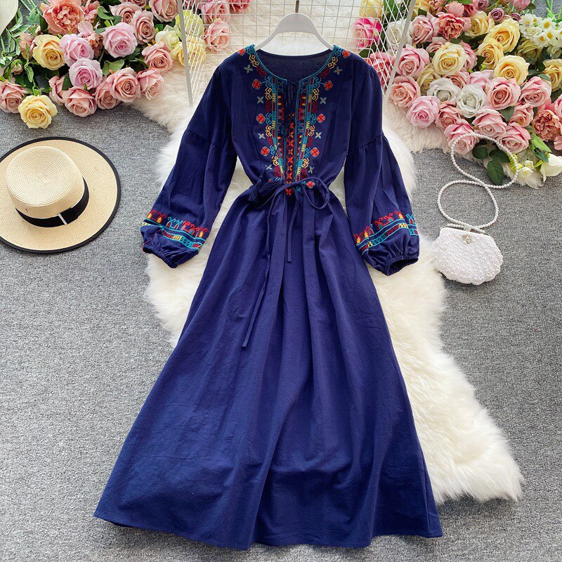 Woman Embroidery Elegant Ethnic Boho Dress dylinoshop