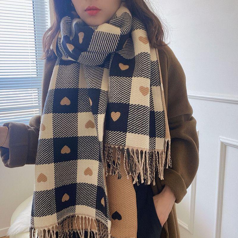 Women Cashmere Knitted Heart-pattern Plaid Scarf dylinoshop