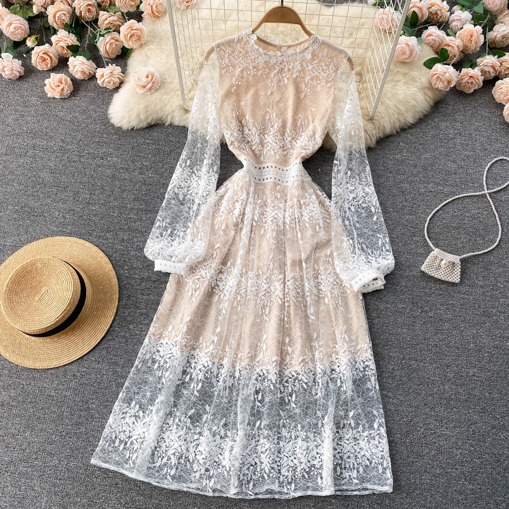 Women Embroidery Lace Mesh Elegant Slim A Line Long Dress dylinoshop