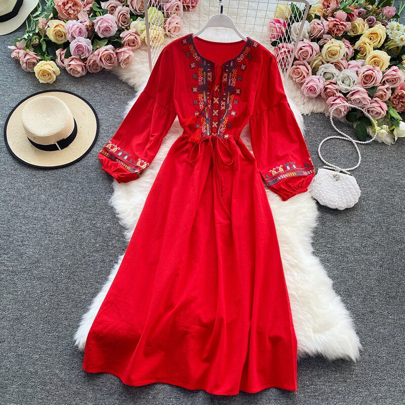 Woman Embroidery Elegant Ethnic Boho Dress dylinoshop