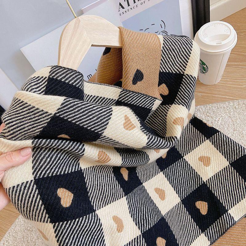 Women Cashmere Knitted Heart-pattern Plaid Scarf dylinoshop